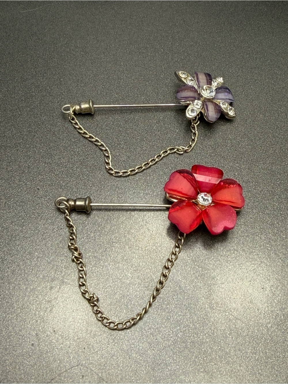 Vintage Red and Purple Floral Stick Pin Brooch Set with Chain #cz169